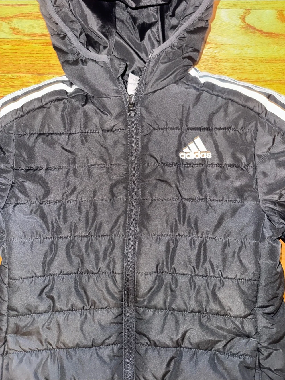 adidas kids Black Puffer Jacket with White Shoulder Stripes size small (7/8)